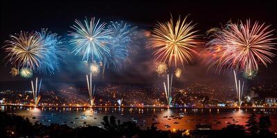 feestelijk vuurwerk in de nacht lucht Bij een viering evenement in eer van een verjaardag of nieuw jaar foto