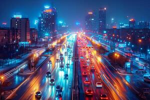 strepen van in beweging auto lichten tegen de backdrop van stad lichten Bij nacht foto