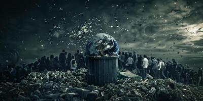 aarde aan het liegen temidden van afval, beeltenis milieu verwoesting door mensen foto