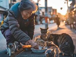 ouderen Dames het verstrekken van voeding naar verdwaald katten, illustreren empathie en gezelschap temidden van eenzaamheid foto