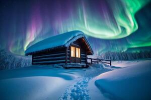 een cabine in de sneeuw Bij nacht met de Aurora borealis foto