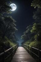 houten pad leidend naar de maan in de Woud foto