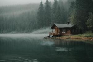 een cabine zit Aan de kust van een meer in de mist foto