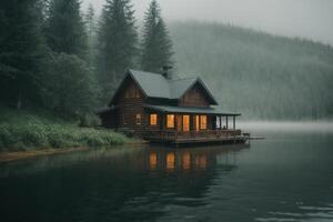 een cabine zit Aan de kust van een meer in de mist foto