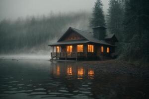 een cabine zit Aan de kust van een meer in de mist foto