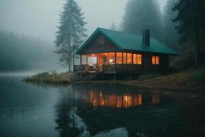 een cabine zit Aan de kust van een meer in de mist foto