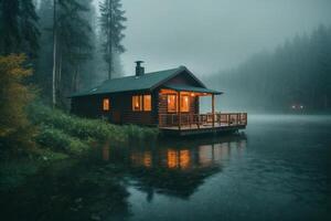 een cabine zit Aan de kust van een meer in de mist foto