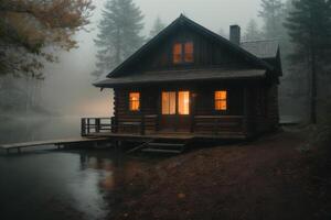 een cabine zit Aan de kust van een meer in de mist foto