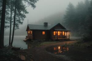 een cabine zit Aan de kust van een meer in de mist foto