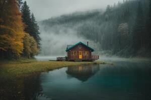 een cabine zit Aan de kust van een meer in de mist foto