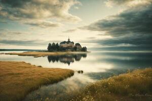 een kasteel zit Aan een eiland in de midden- van een meer foto