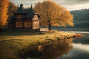 een klein houten huis zit Aan de kust van een meer foto