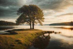 een eenzaam boom staat Aan een klein eiland in een meer foto