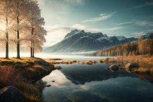 een rivier- in de Woud met bomen en mist foto