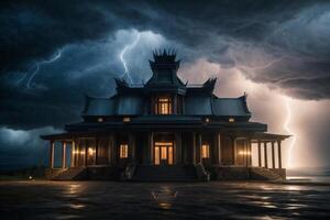 een stormachtig nacht met bliksem en een huis foto