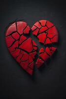 gebroken hart Aan zwart achtergrond met rood harten foto