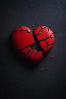 gebroken hart concept met rood hart Aan zwart achtergrond foto