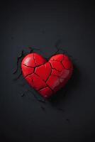 gebroken hart concept met rood hart Aan zwart achtergrond foto