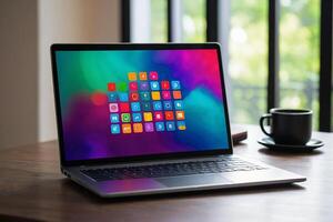 een laptop met kleurrijk pictogrammen Aan de scherm foto