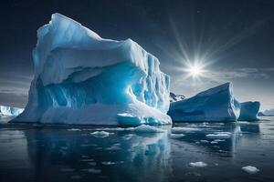 ijsbergen in de water Bij nacht met een maan in de lucht foto