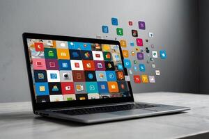 laptop met veel app pictogrammen Aan de scherm foto