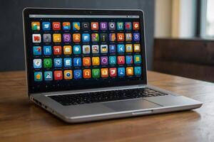 een laptop met veel kleurrijk app pictogrammen komt eraan uit van het foto