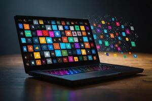 een laptop met veel kleurrijk app pictogrammen komt eraan uit van het foto