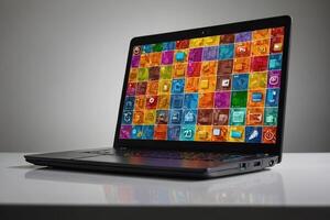 een laptop met kleurrijk pleinen Aan de scherm foto