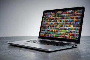 een laptop computer met kleurrijk pictogrammen Aan de scherm foto