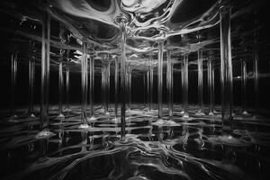 een zwart en wit foto van een kamer met veel glas buizen