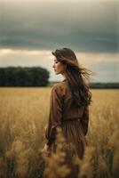 een vrouw in een bruin jurk staand in een veld- foto