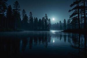 een vol maan stijgt over- een meer Bij nacht foto