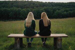 twee jong Dames zittend Aan een bank op zoek uit over- een veld- foto