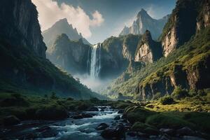 een waterval in de midden- van een groen vallei foto