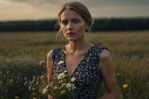 een vrouw in een bloemen jurk Holding bloemen in een veld- foto