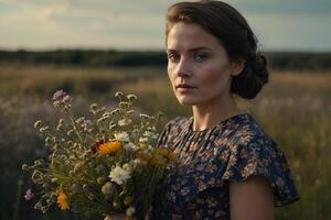 een vrouw in een bloemen jurk Holding bloemen in een veld- foto