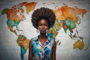 een illustratie van een vrouw met afro haar- en een kaart van de wereld foto