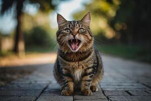 een kat met haar mond Open en haar mond Open foto