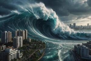 een groot Golf crashen in de oceaan met een stad in de achtergrond foto