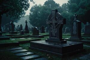 een begraafplaats met kaarsen lit in de regen foto