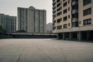 een leeg beton parkeren veel in voorkant van hoog gebouwen foto