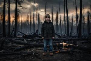 weinig jongen staand in brandend Woud, natuurlijk ramp concept foto