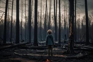 weinig jongen staand in brandend Woud, natuurlijk ramp concept foto