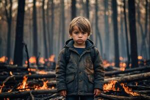 weinig jongen staand in brandend Woud, natuurlijk ramp concept foto