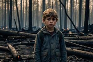 weinig jongen staand in brandend Woud, natuurlijk ramp concept foto