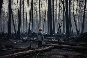 weinig jongen staand in brandend Woud, natuurlijk ramp concept foto