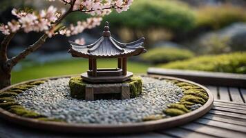 een klein tuin met een pagode en een boom foto