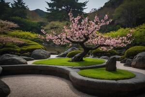 een bonsai boom in een pot Aan een steen patio foto