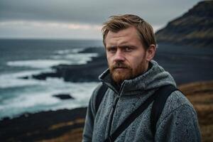 een Mens met een baard en een grijs jasje staand Aan een klif met uitzicht de oceaan foto