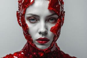 een vrouw met rood bedenken en een rood gezicht foto